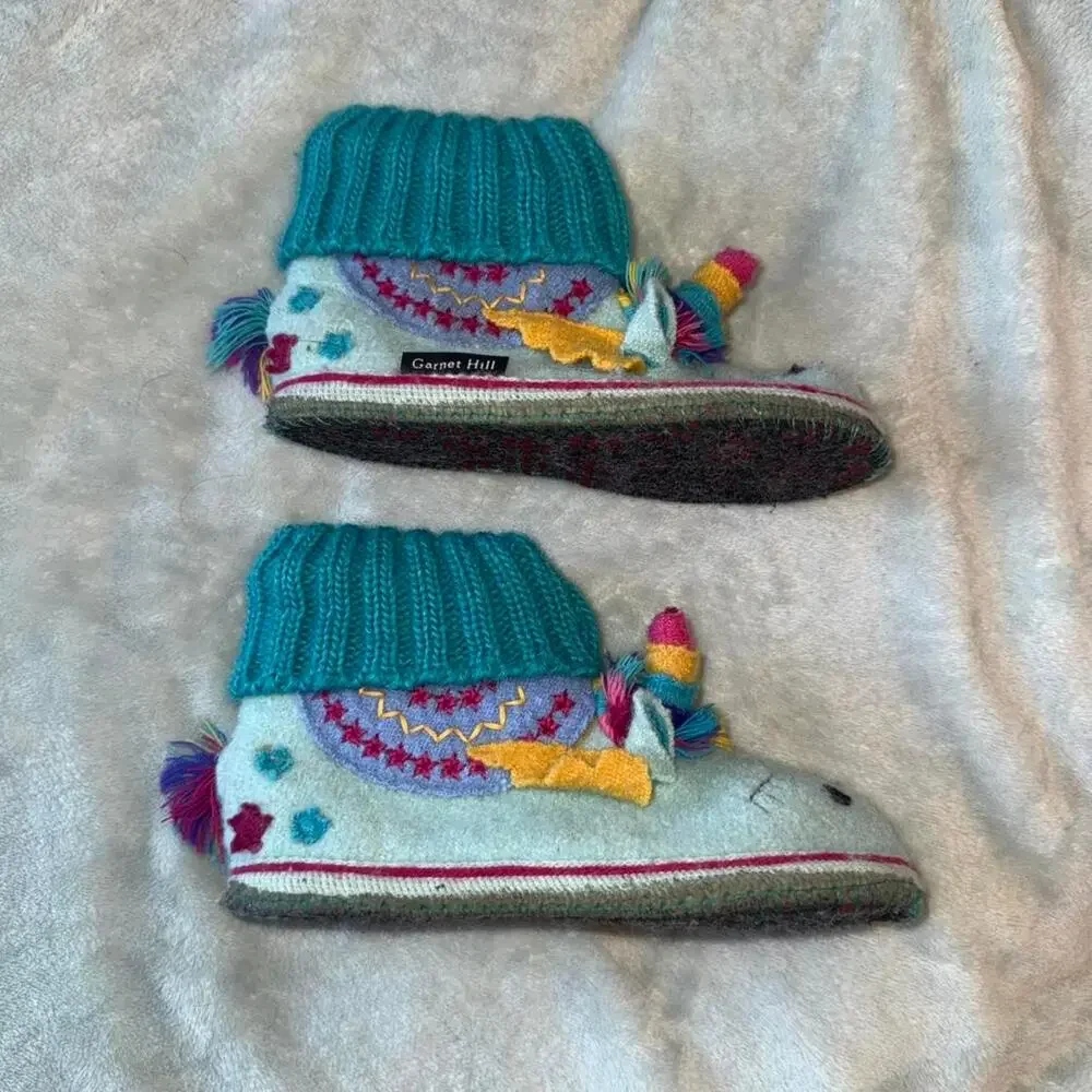 Garnet Hill Haflinger Unicorn Slipper Boots Kids 12 100% Wool Rainbow Blue